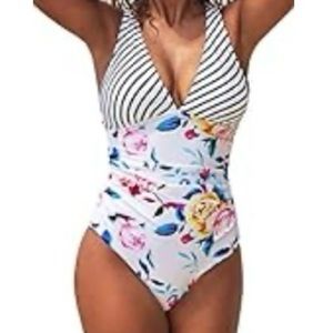 CUPSHE Women's One Piece V Neck Tummy Control Cross Back Vintage Swimsuit